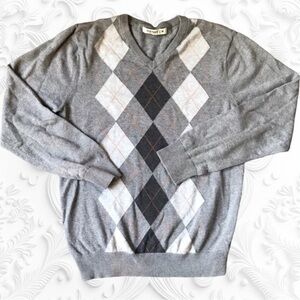 Argyle V-Neck Long Sleeve Sweater In Black/Grey Size Medium